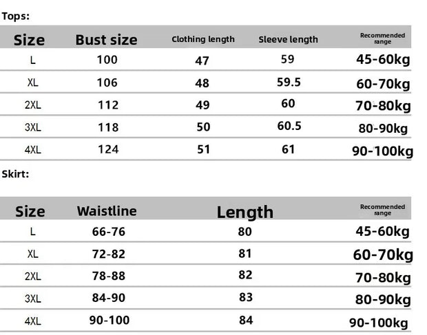 Size chart for tops and skirts with measurements and weight ranges.