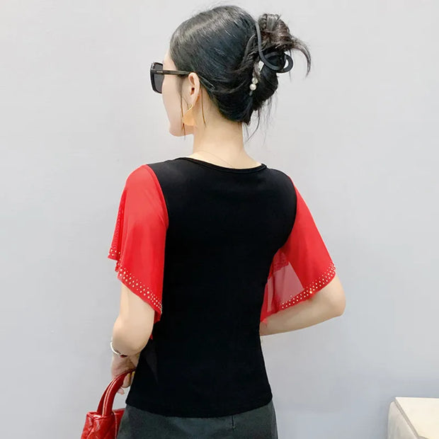 Elegant Summer Women’s Mesh Ruffle T-Shirt – Slim Fit O-Neck Top with Diamond Detail