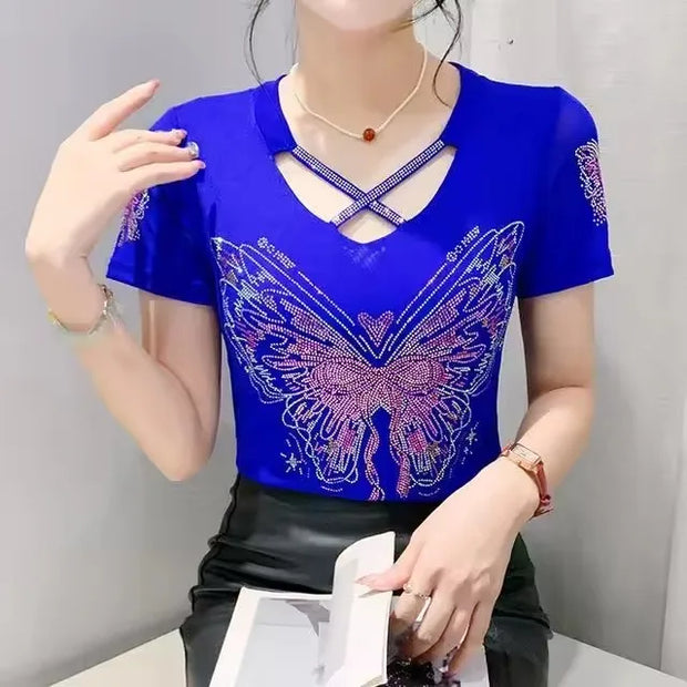 Comfy V-Neck Diamond T-Shirt for Women – Summer Casual Streetwear