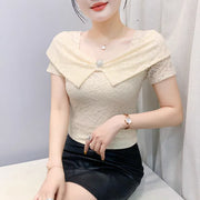 2025 Summer European Clothes Women's Sexy Square Neck Lace T-Shirt Chic Slim Design Tees New Female Elegant Short Sleeve Tops