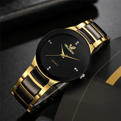 Men’s Luxury Quartz Watch – Gold Black Stainless Steel Business Timepiece