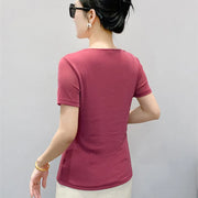 Korean Summer Women's Luxury Hot Diamonds T-shirt Chic Skew Neck Short Sleeve Tees Ladies Elastic Mesh Beading Sexy Topsnds Tees