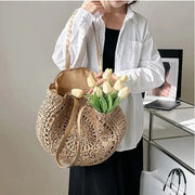 Summer Straw Shoulder Tote – Women’s Woven Beach Bag with Zipper & Large Capacity