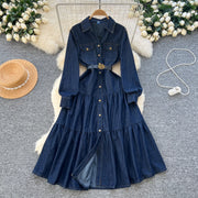 Denim dress with a belt on a textured surface with decorative elements