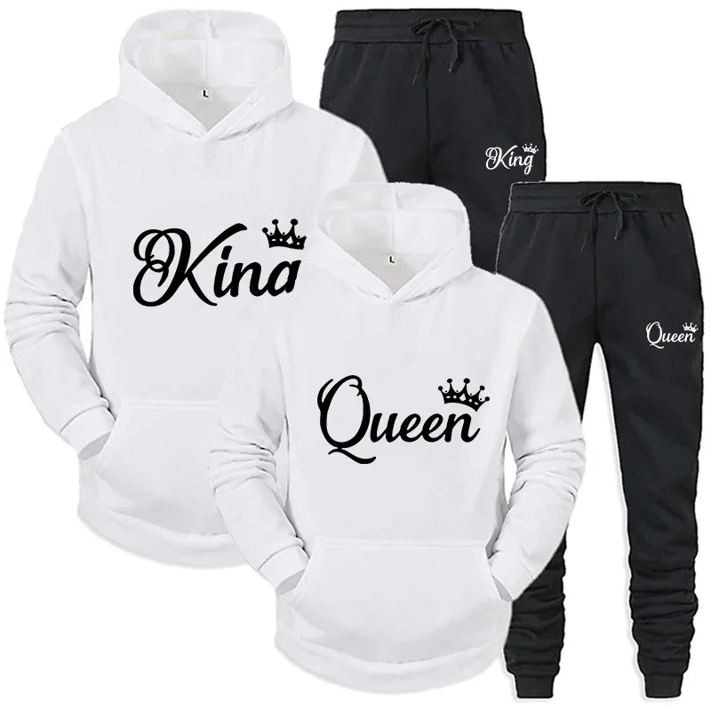 KING & QUEEN Matching Couple Tracksuit – 2-Piece Hoodie and Pants Set | Casual Streetwear Outfit for Autumn & Winter