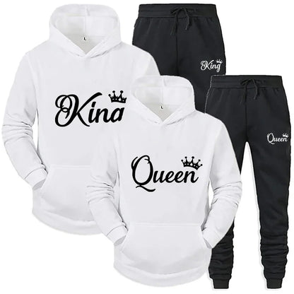KING & QUEEN Matching Couple Tracksuit – 2-Piece Hoodie and Pants Set | Casual Streetwear Outfit for Autumn & Winter