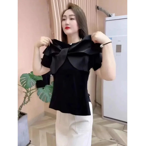 Summer Women's Slim Cotton T-Shirt – Square Neck Top with Butterfly Knot & Silk Thread Finish