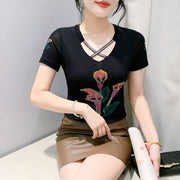 Comfy V-Neck Diamond T-Shirt for Women – Summer Casual Streetwear