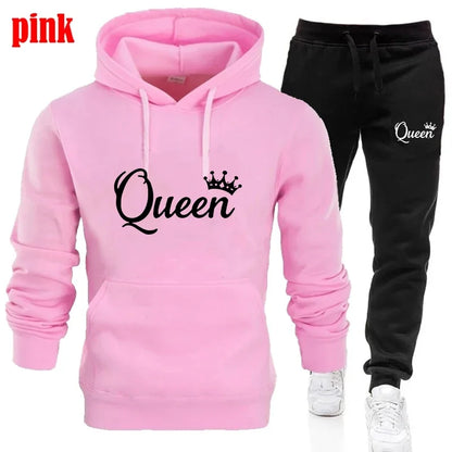 KING & QUEEN Matching Couple Tracksuit – 2-Piece Hoodie and Pants Set | Casual Streetwear Outfit for Autumn & Winter