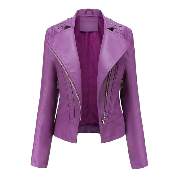 Women's Faux Leather Biker Jacket – Punk Rivet Style, Slim Fit, Retro Moto Outerwear
