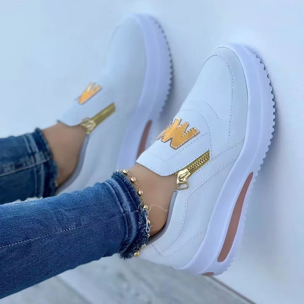 Women’s Side Zipper Platform Sneakers – Casual Double M Print Vulcanized Shoes for All Seasons