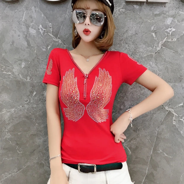 Comfy V-Neck Diamond T-Shirt for Women – Summer Casual Streetwear