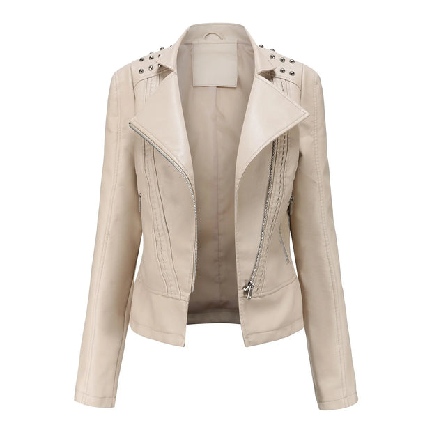 Women's Faux Leather Biker Jacket – Punk Rivet Style, Slim Fit, Retro Moto Outerwear