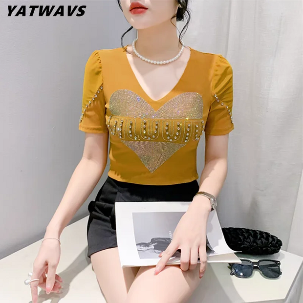 Sexy Summer V-Neck Mesh T-Shirt – Women’s Slim Fit Top with Shiny Heart Diamond Detail