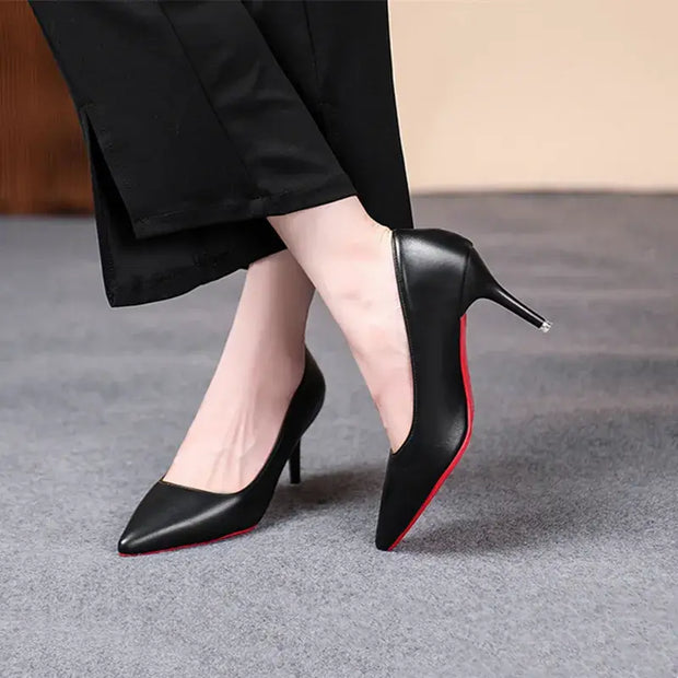 Red Sole Matte Black Stiletto Pumps – Women’s Slip-On High Heels for Office & Evening Wear