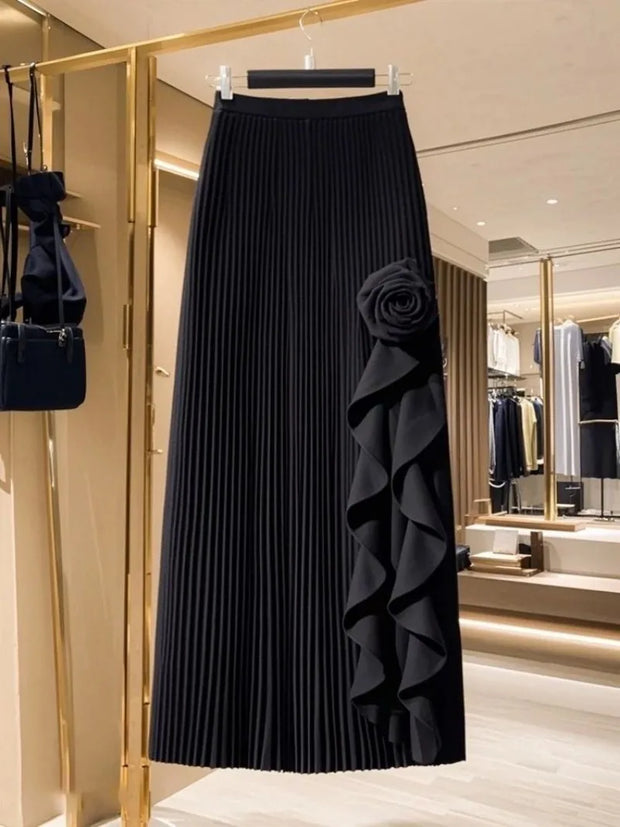 OCEANLOVE Irregular Ruffles Women Skirts Solid Pleated Autumn Winter A-line Jupe Femme Korean Fashion Elegant Retro Long Skirt