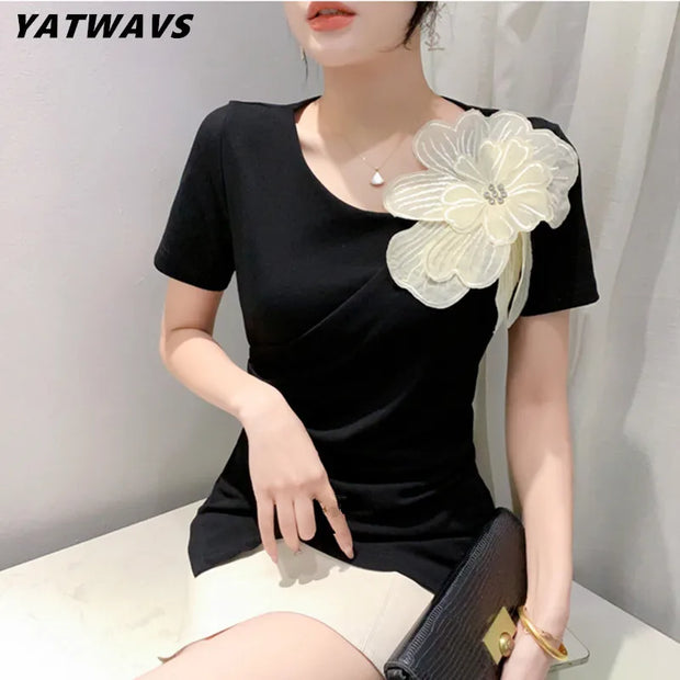 Chic Korean Skew Collar T-Shirt – Cotton Slim Fit Top with 3D Flower Appliqué