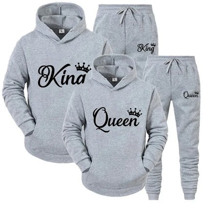 KING & QUEEN Matching Couple Tracksuit – 2-Piece Hoodie and Pants Set | Casual Streetwear Outfit for Autumn & Winter