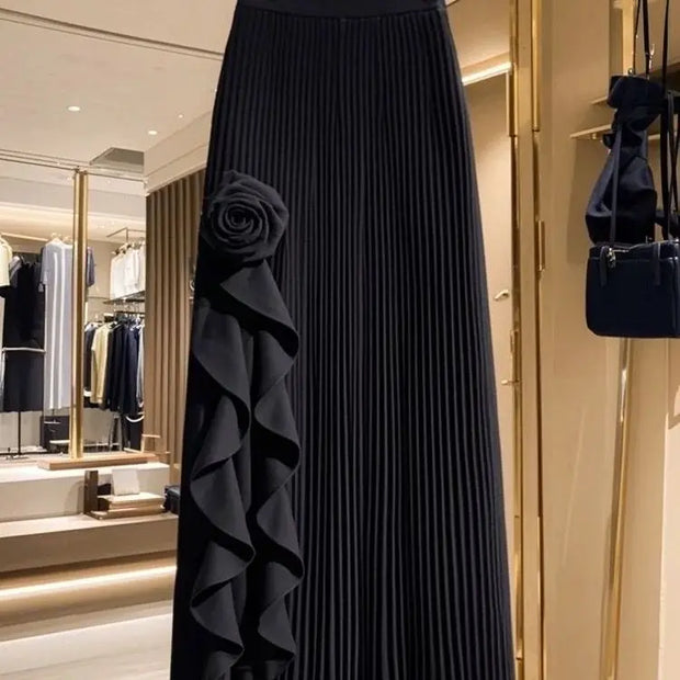 OCEANLOVE Irregular Ruffles Women Skirts Solid Pleated Autumn Winter A-line Jupe Femme Korean Fashion Elegant Retro Long Skirt
