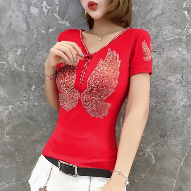 Comfy V-Neck Diamond T-Shirt for Women – Summer Casual Streetwear