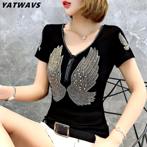 Comfy V-Neck Diamond T-Shirt for Women – Summer Casual Streetwear