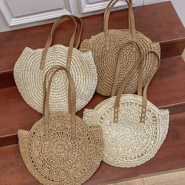 Summer Straw Shoulder Tote – Women’s Woven Beach Bag with Zipper & Large Capacity