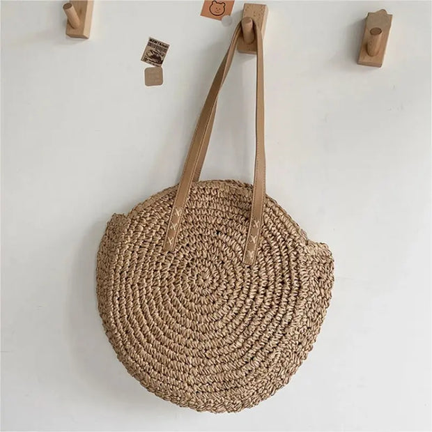 Summer Straw Shoulder Tote – Women’s Woven Beach Bag with Zipper & Large Capacity