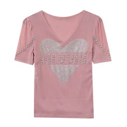 Sexy Summer V-Neck Mesh T-Shirt – Women’s Slim Fit Top with Shiny Heart Diamond Detail