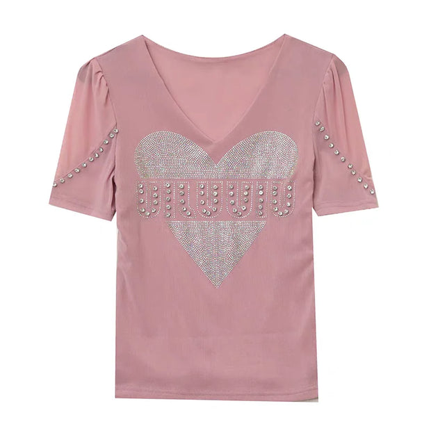 Sexy Summer V-Neck Mesh T-Shirt – Women’s Slim Fit Top with Shiny Heart Diamond Detail