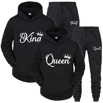 KING & QUEEN Matching Couple Tracksuit – 2-Piece Hoodie and Pants Set | Casual Streetwear Outfit for Autumn & Winter