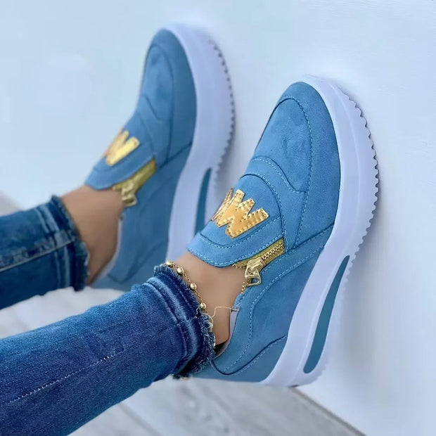 Women’s Side Zipper Platform Sneakers – Casual Double M Print Vulcanized Shoes for All Seasons