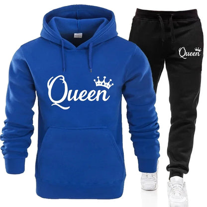 KING & QUEEN Matching Couple Tracksuit – 2-Piece Hoodie and Pants Set | Casual Streetwear Outfit for Autumn & Winter