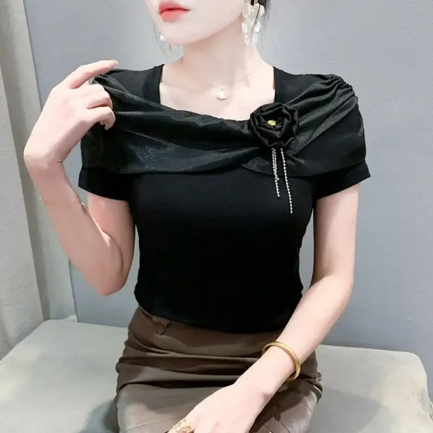 Sexy Summer Square Neck T-Shirt – Women’s Stretch Cotton Tee with Diamonds & Flower