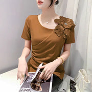 Chic Korean Skew Collar T-Shirt – Cotton Slim Fit Top with 3D Flower Appliqué