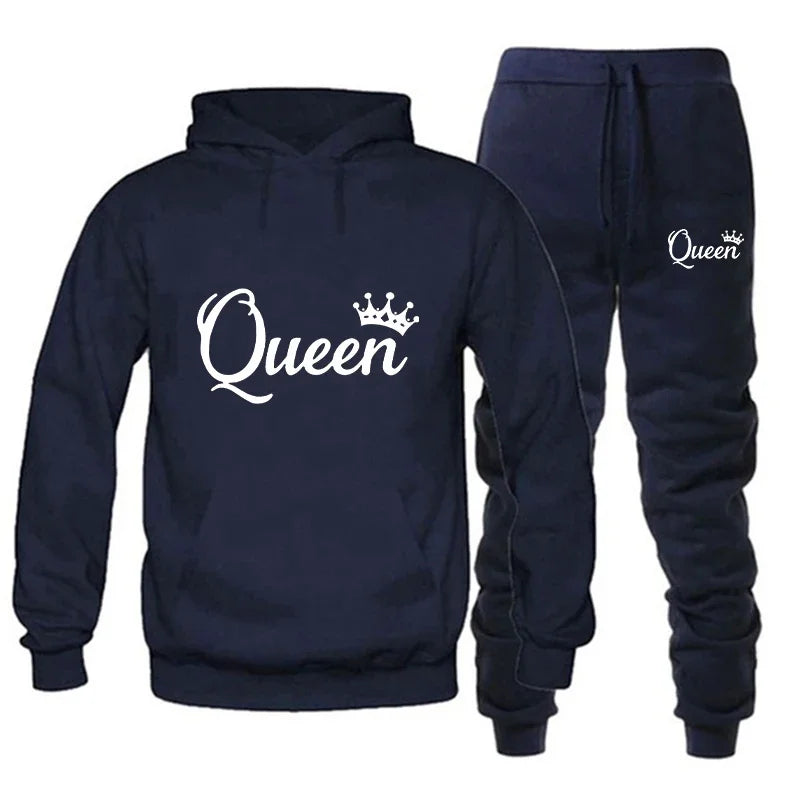 KING & QUEEN Matching Couple Tracksuit – 2-Piece Hoodie and Pants Set | Casual Streetwear Outfit for Autumn & Winter