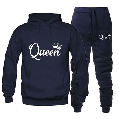 KING & QUEEN Matching Couple Tracksuit – 2-Piece Hoodie and Pants Set | Casual Streetwear Outfit for Autumn & Winter