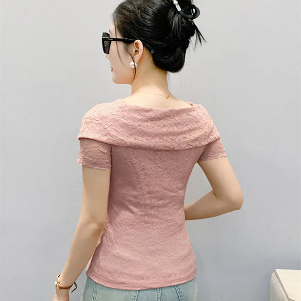 2025 Summer European Clothes Women's Sexy Square Neck Lace T-Shirt Chic Slim Design Tees New Female Elegant Short Sleeve Tops