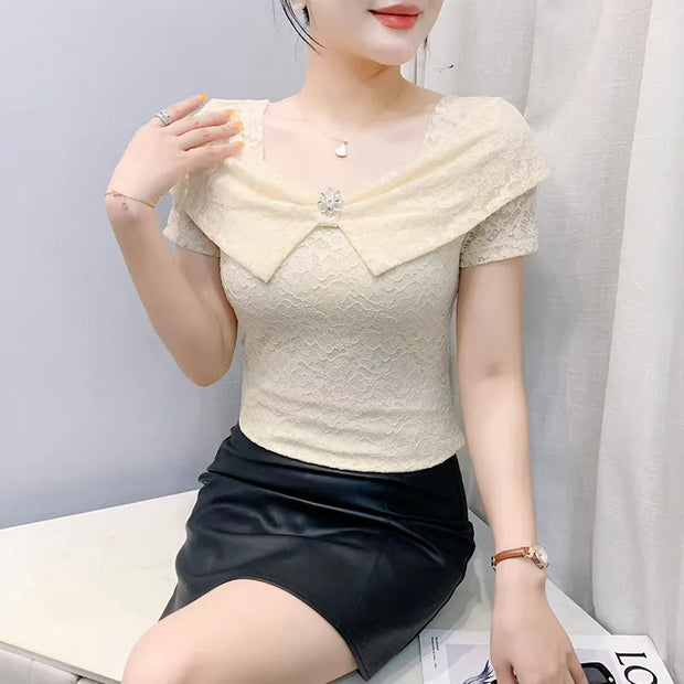 2025 Summer European Clothes Women's Sexy Square Neck Lace T-Shirt Chic Slim Design Tees New Female Elegant Short Sleeve Tops