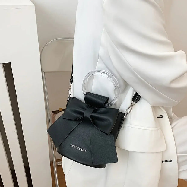 Elegant Bow Bucket Bag – Women’s PU Leather Crossbody with Round Handle & Detachable Strap