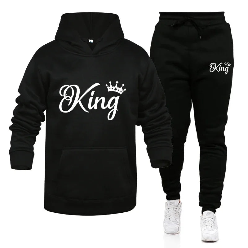 KING & QUEEN Matching Couple Tracksuit – 2-Piece Hoodie and Pants Set | Casual Streetwear Outfit for Autumn & Winter