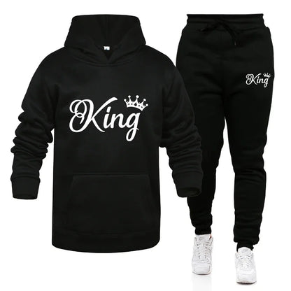 KING & QUEEN Matching Couple Tracksuit – 2-Piece Hoodie and Pants Set | Casual Streetwear Outfit for Autumn & Winter