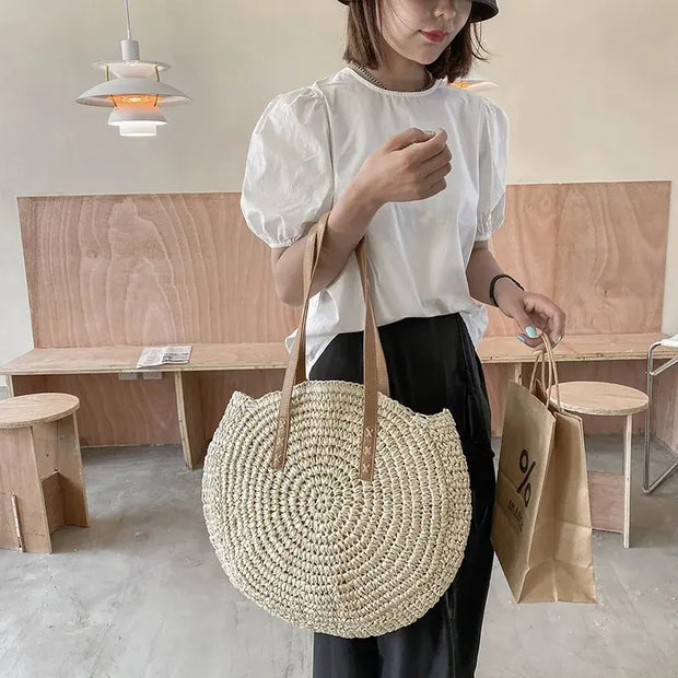 Summer Straw Shoulder Tote – Women’s Woven Beach Bag with Zipper & Large Capacity