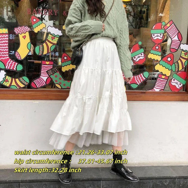 White Summer Women Long Skirts High Waist Elastic Korean Chic Long Cake A-line Sweet Skirt New In Clothes Casual Fashion Trend