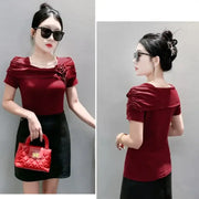 Sexy Summer Square Neck T-Shirt – Women’s Stretch Cotton Tee with Diamonds & Flower