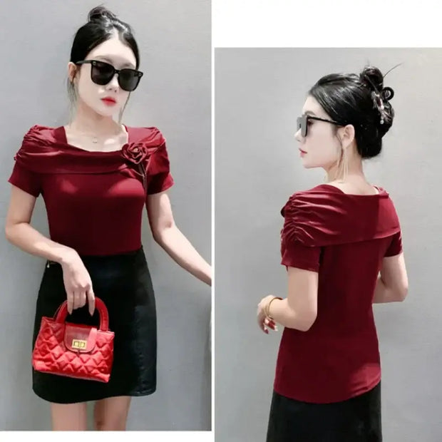Sexy Summer Square Neck T-Shirt – Women’s Stretch Cotton Tee with Diamonds & Flower