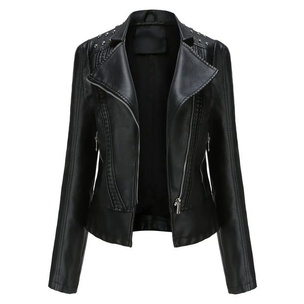 Women's Faux Leather Biker Jacket – Punk Rivet Style, Slim Fit, Retro Moto Outerwear