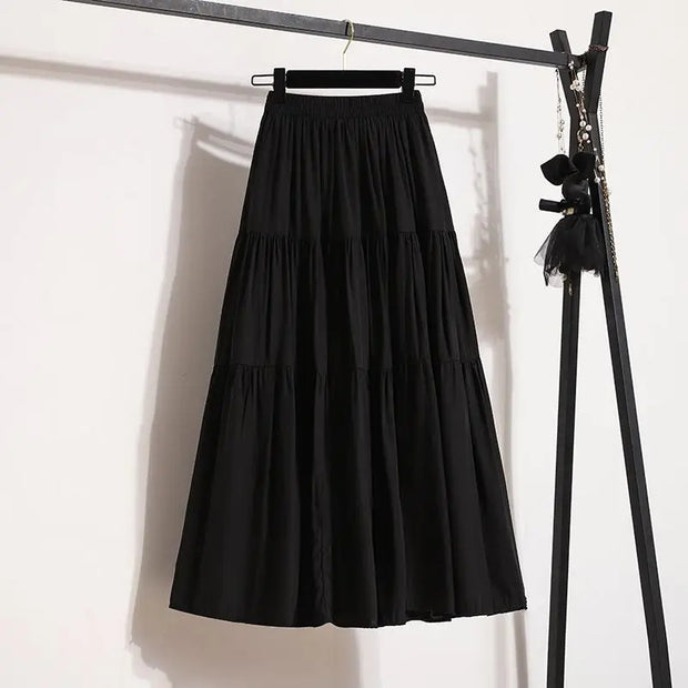 White Summer Women Long Skirts High Waist Elastic Korean Chic Long Cake A-line Sweet Skirt New In Clothes Casual Fashion Trend