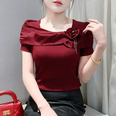 Sexy Summer Square Neck T-Shirt – Women’s Stretch Cotton Tee with Diamonds & Flower