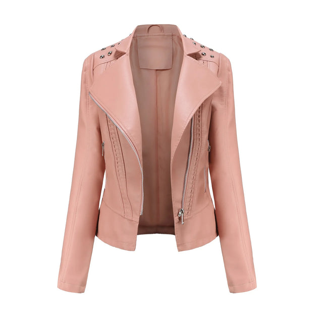 Women's Faux Leather Biker Jacket – Punk Rivet Style, Slim Fit, Retro Moto Outerwear