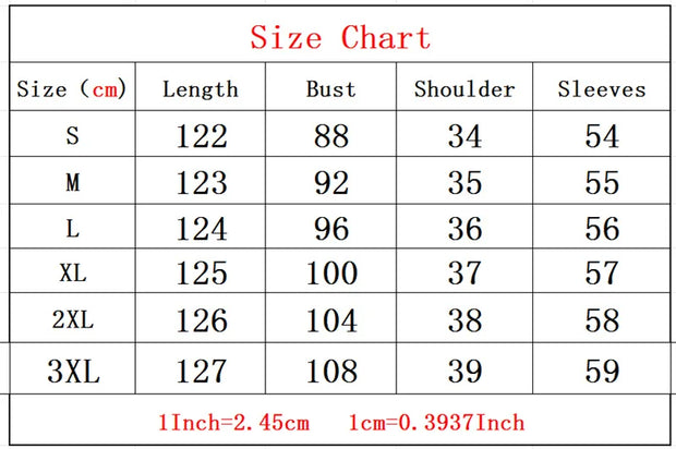 Size chart for clothing with measurements in centimeters and inches.